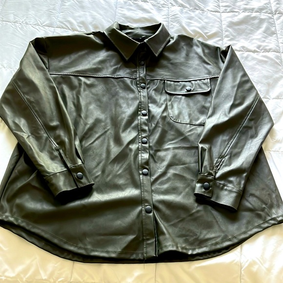 ASOS Tops - ASOS Olive Green Faux Leather Button-Down Shirt